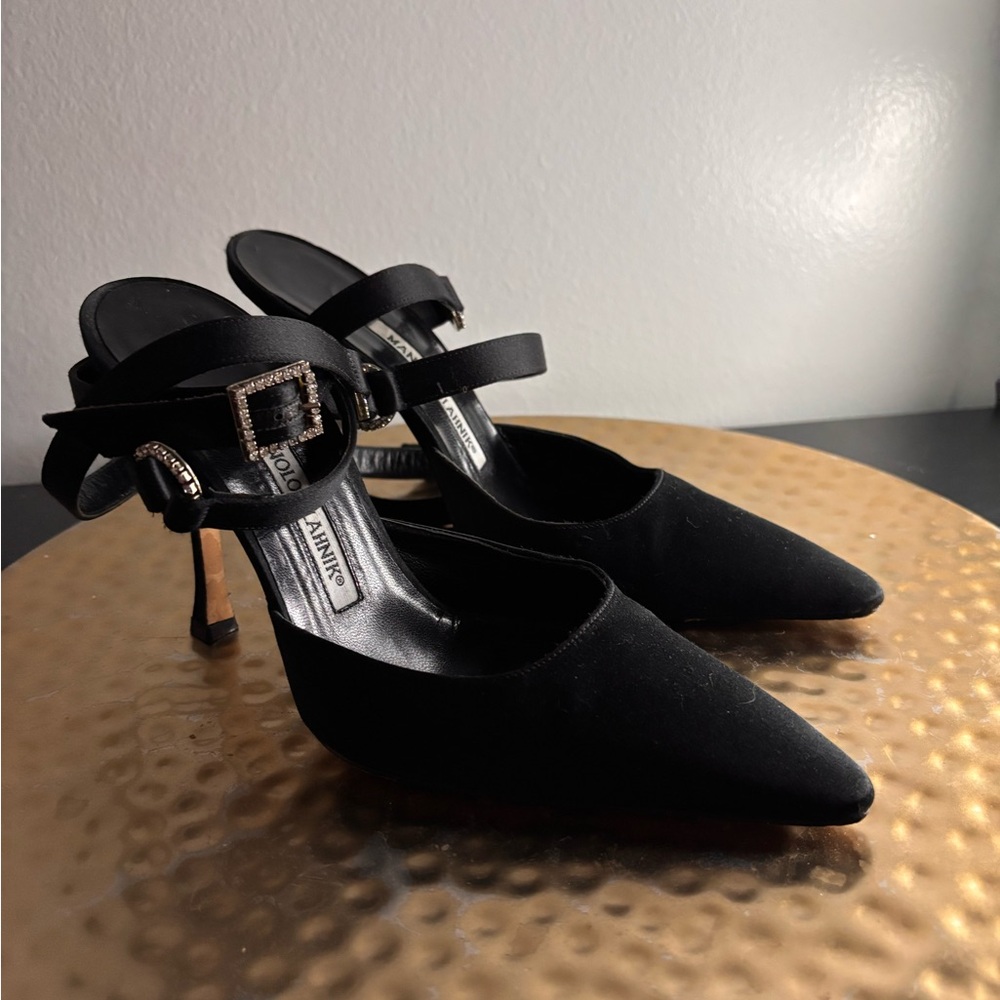 Manolo Blahnik Black Heels with Rhinestone Buckle